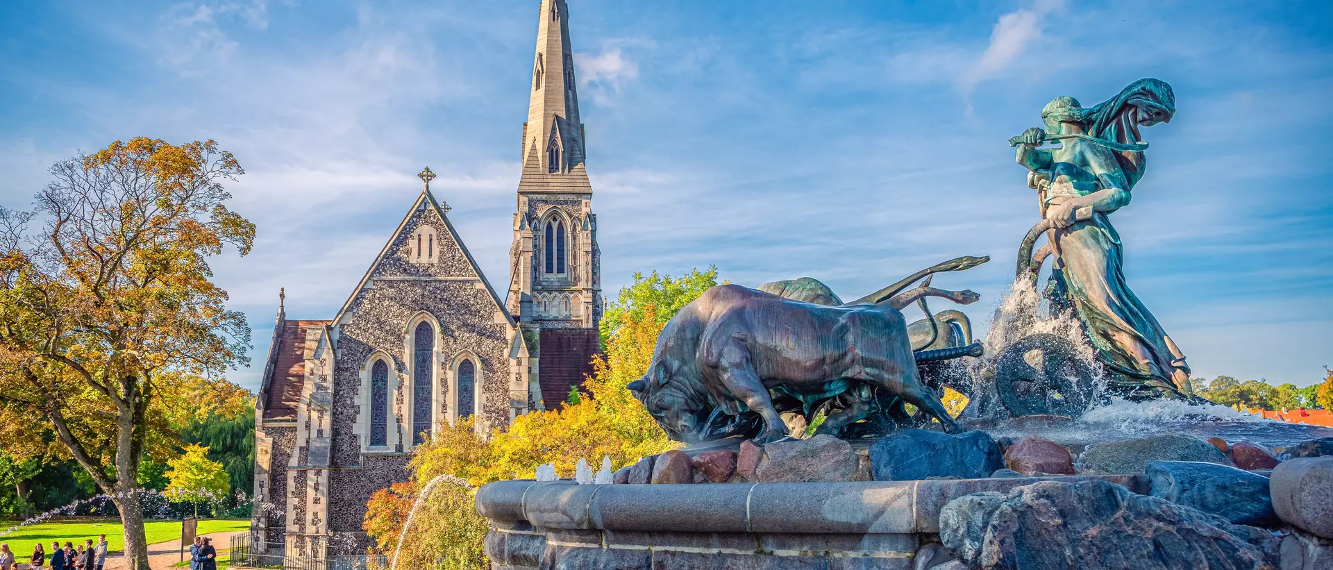 The St. Albans church with the Gefion Fountain in the foreground. Copenhagen, Denmark