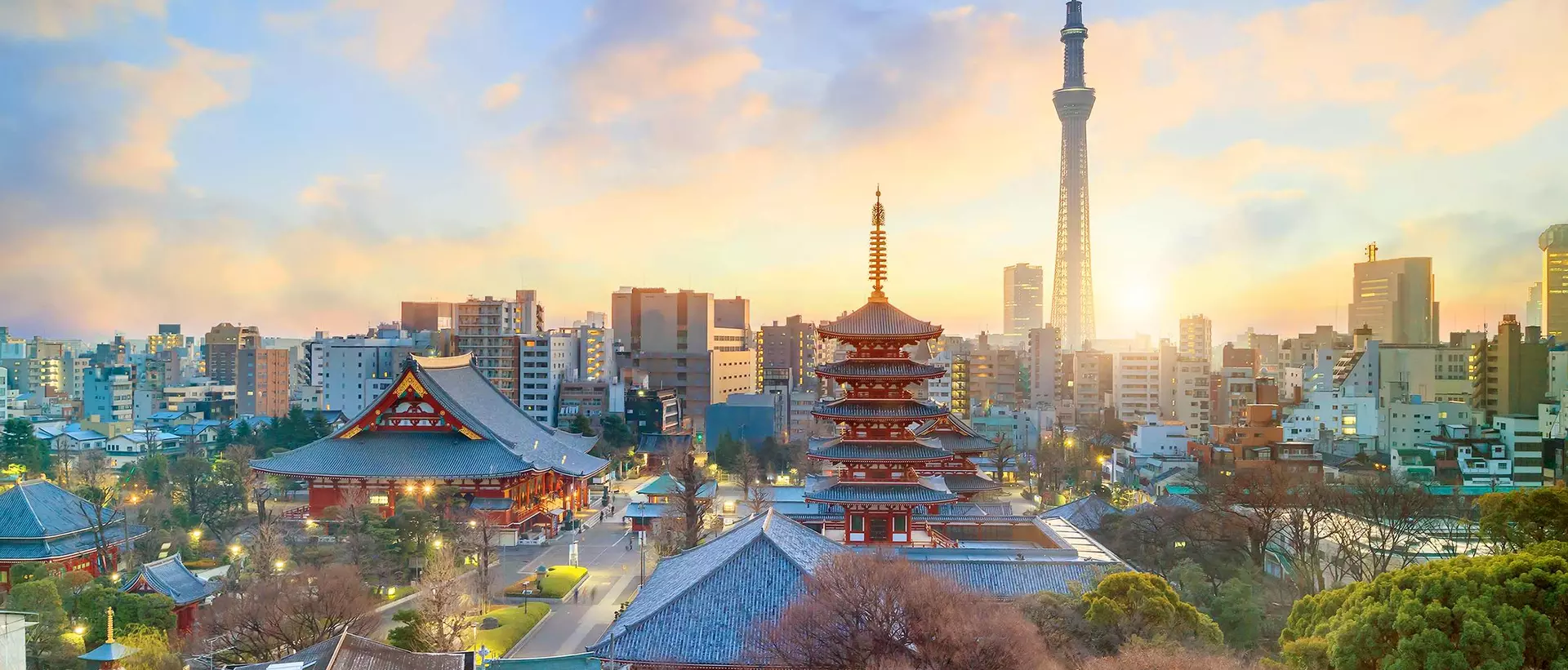 View of Tokyo skyline with Senso-ji Temple and Tokyo skytree at twilight in Japan.