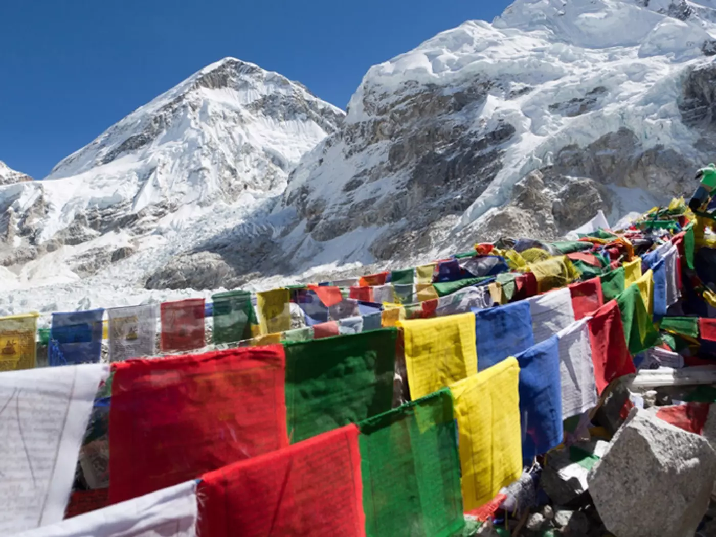 View from Mount Everest base camp with rows of buddhist prayer flags