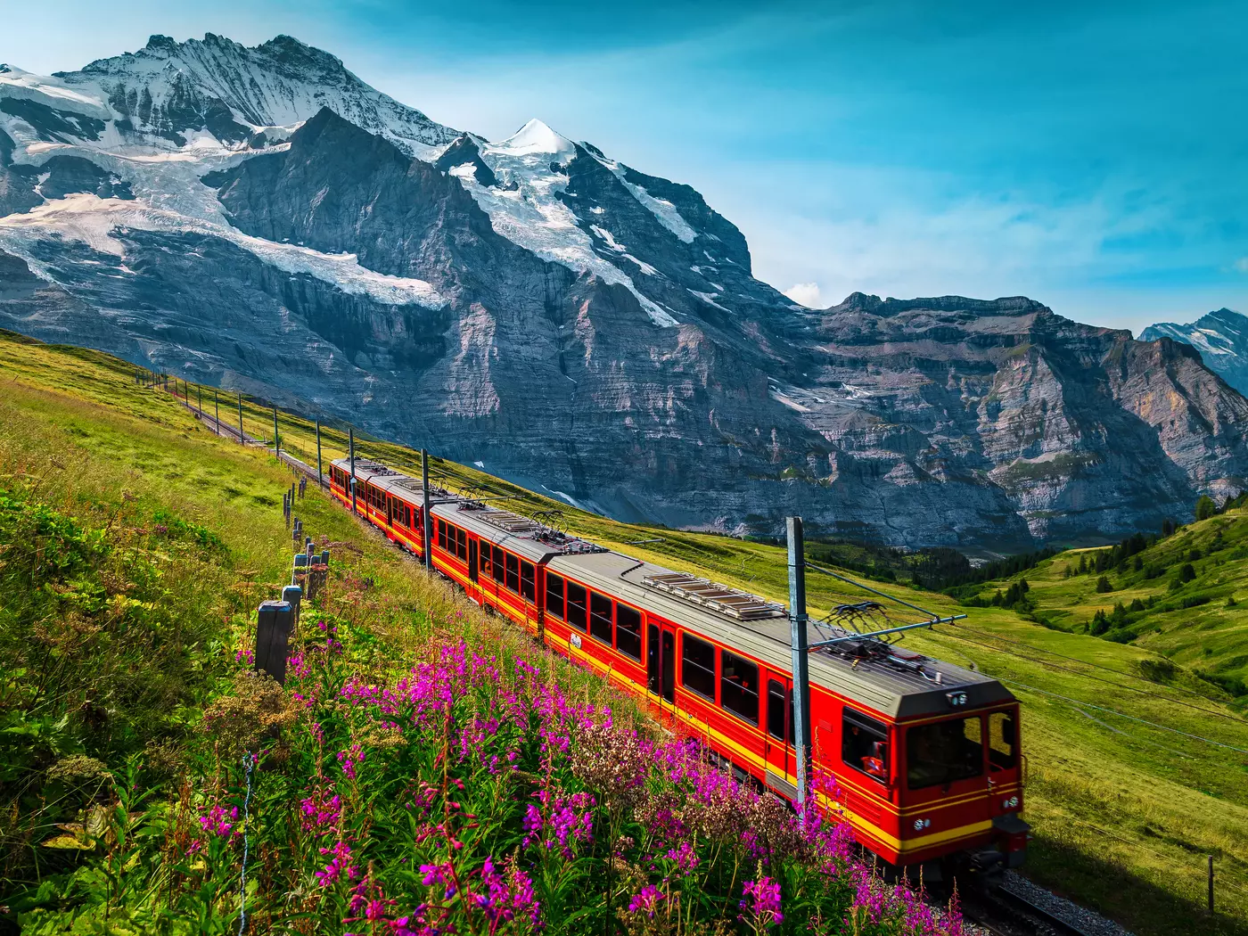 Electric passenger train and snowy Jungfrau mountains