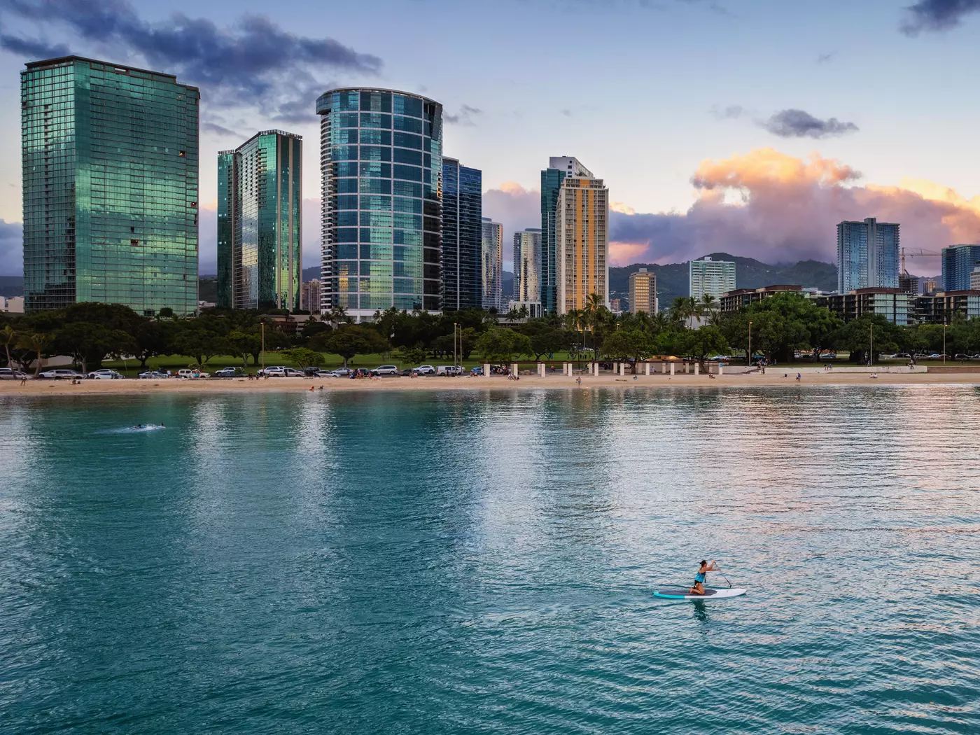Skyline of Honolulu at sunset