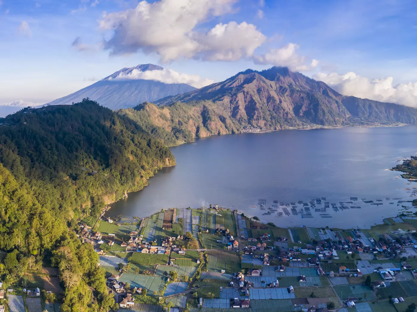 Batur features a scenic lake, rugged lava fields