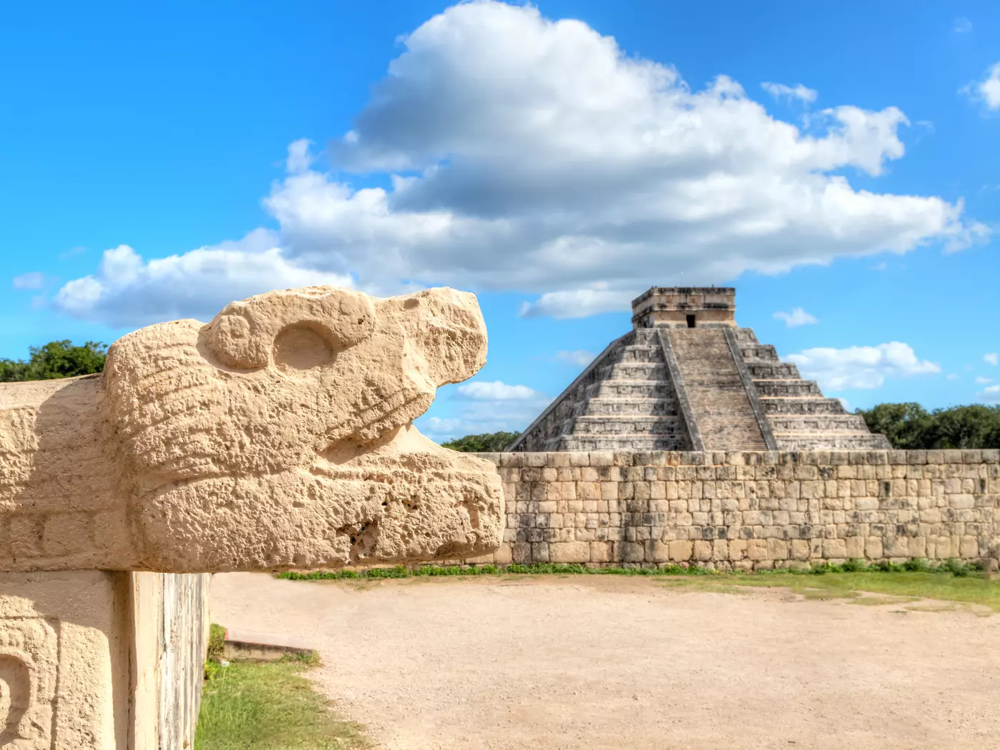 Chichen Itza Snake Head and Pyramid
