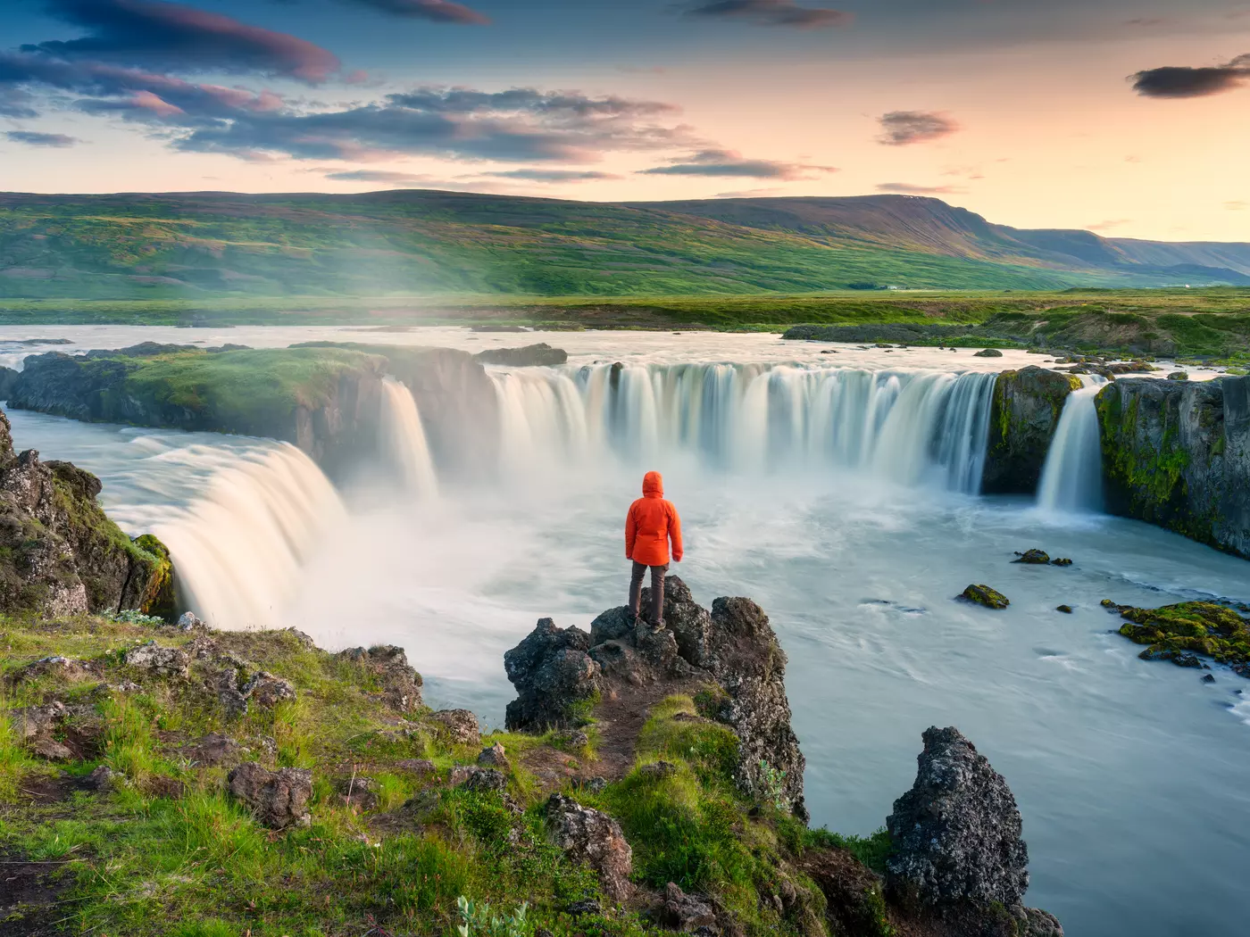 Hike up hills to admire the Godafoss waterfall at its best profile