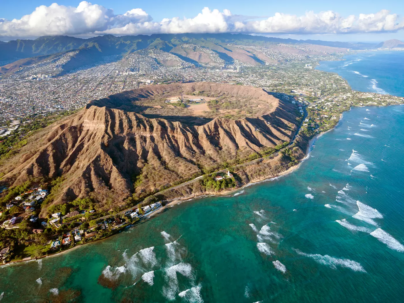 Helicopter view of Diamond Head Crater, Honolulu