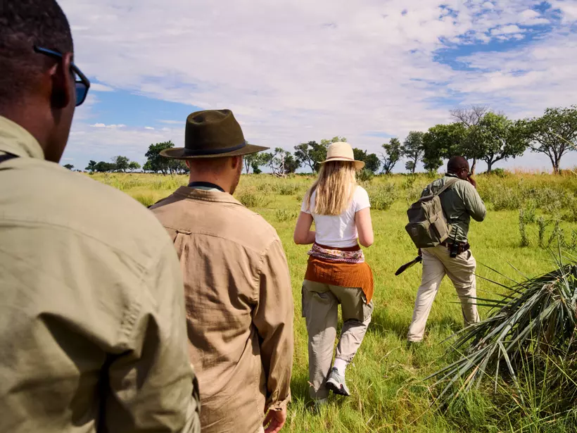 Travellers on a guided safari walk at Xugana Island Lodge in Botswana