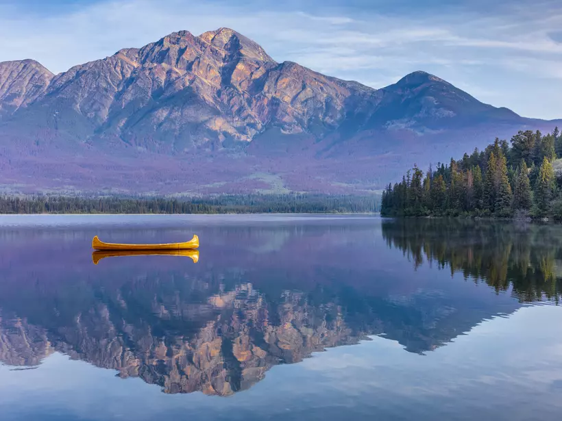 Canoe on Pyramid Lake in Jasper National Park