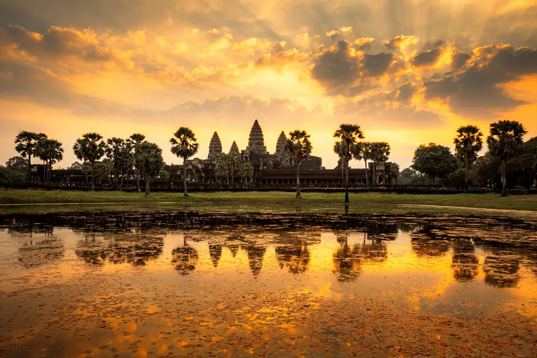 Sunrise over the temple of Angkor Wat in Cambodia.