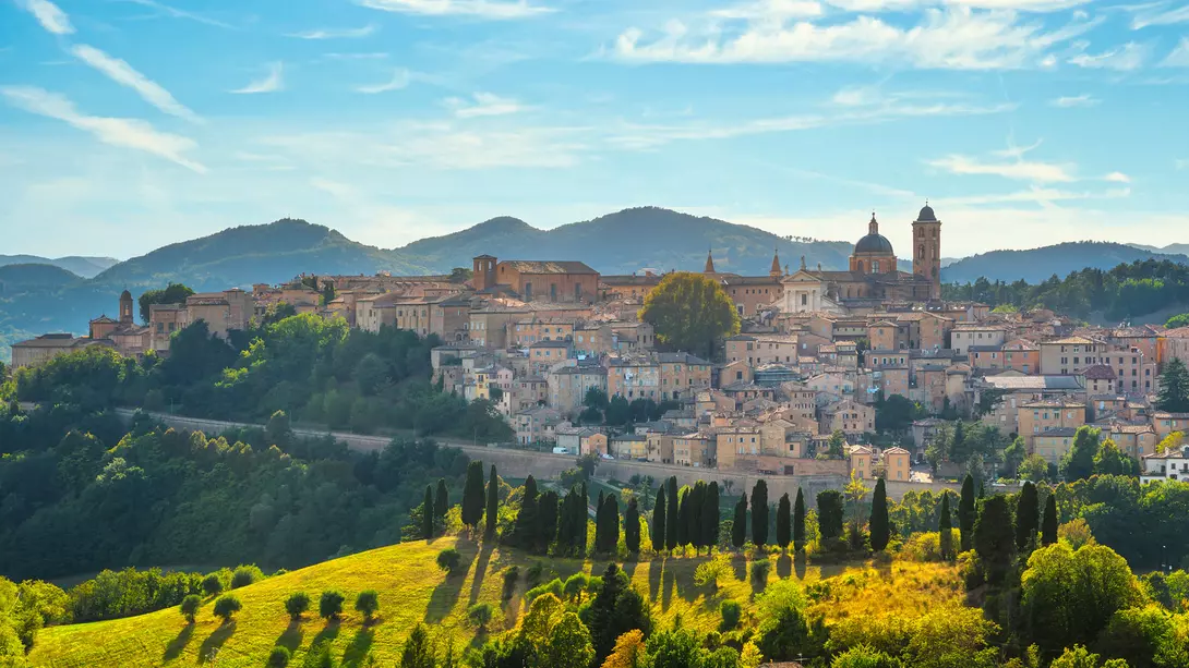 The walls and medieval buildings of Urbino in Italy