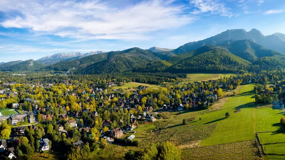 An aerial view of the town of Zakopane, surrounded by the Tatra Mountains in Poland.