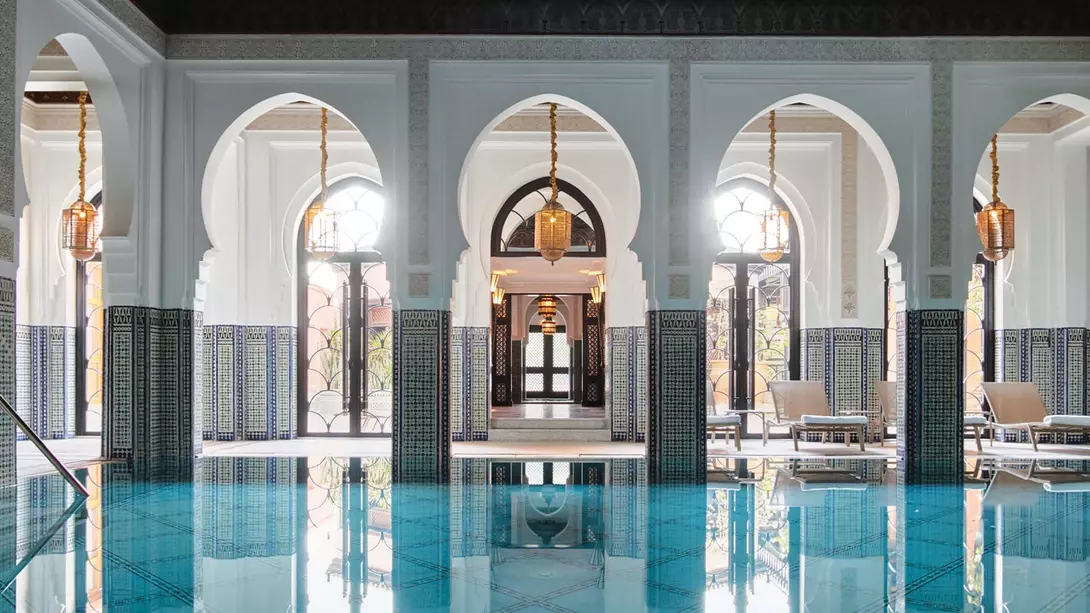 View of a pristine pool in the spa at the Moroccan hotel La Mamounia in Marrakech