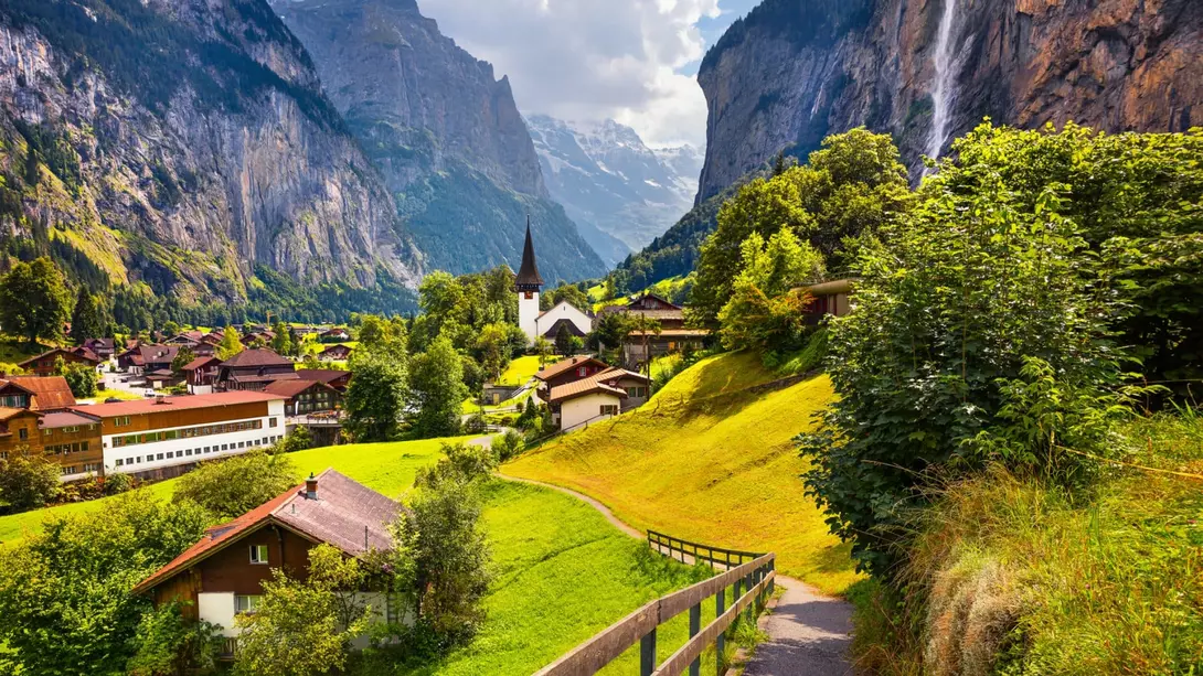 The town of Lauterbrunnen in Switzerland in the height of summer.