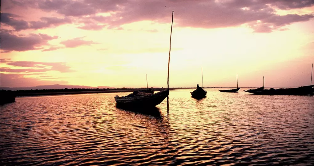 Silhouette of fishing boats at sunset