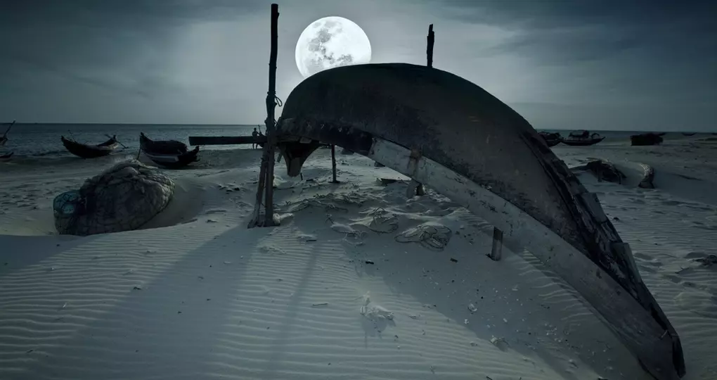 Old fisherman boat at twilight time