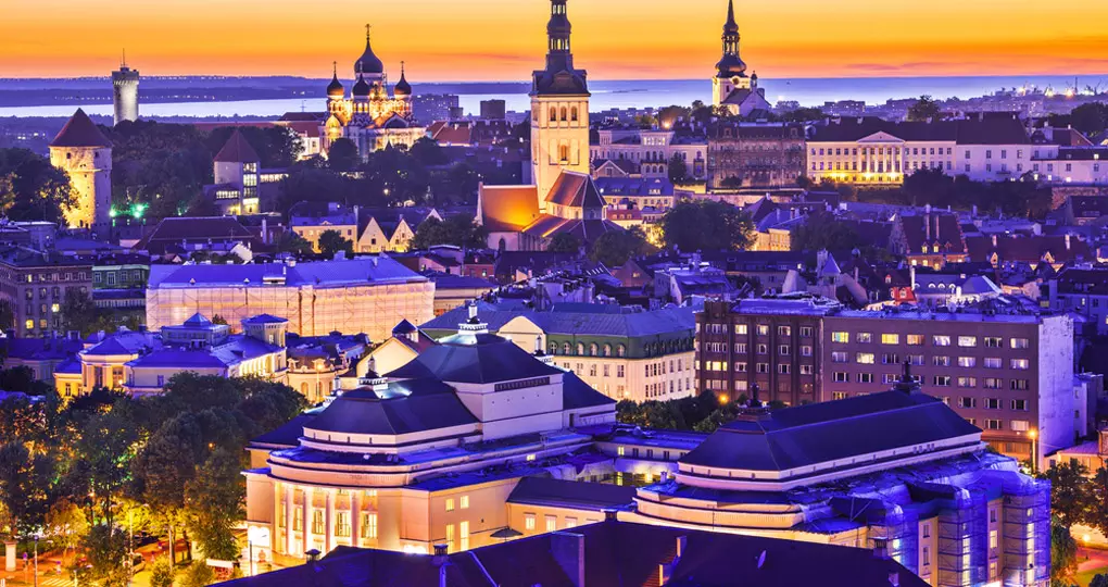 The skyline of Tallinn at sunset - always a great photo opportunity on all Estonia tours.