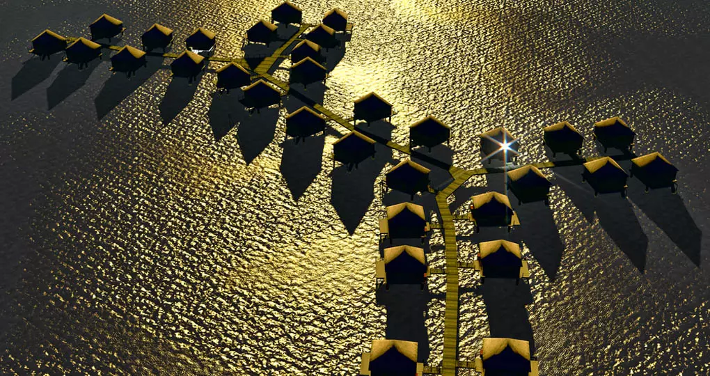 Overhead shot of a resort in Bora Bora at sunset