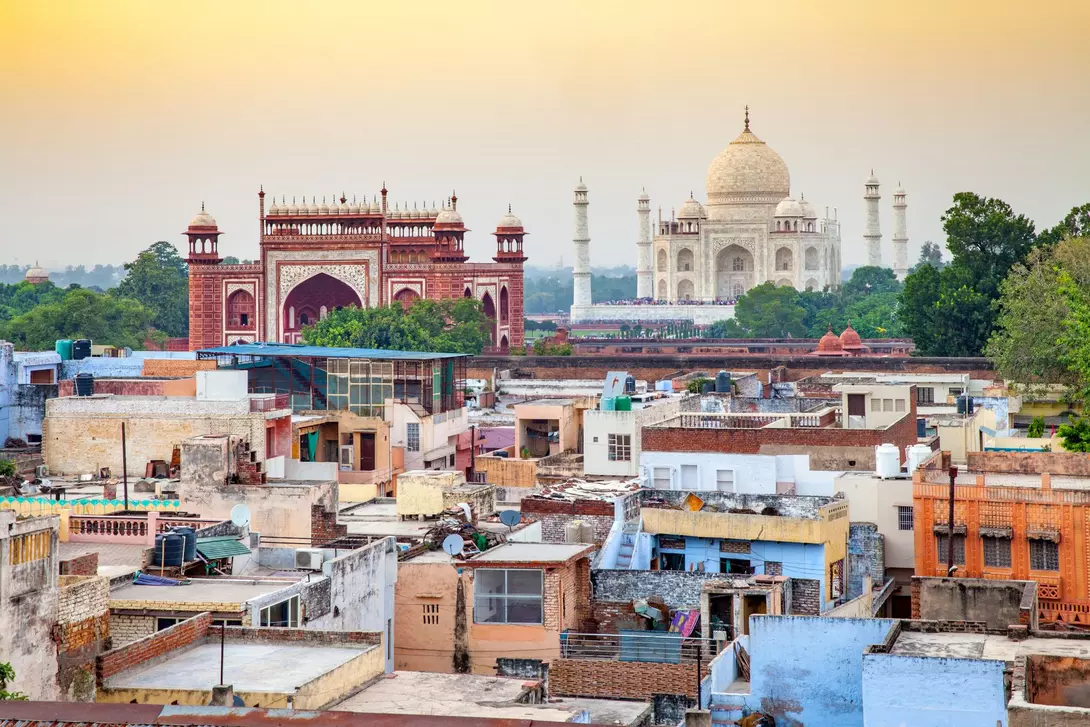 Uttar Pradesh, India Arial view of Agra Fort and Taj Mahal at sunset