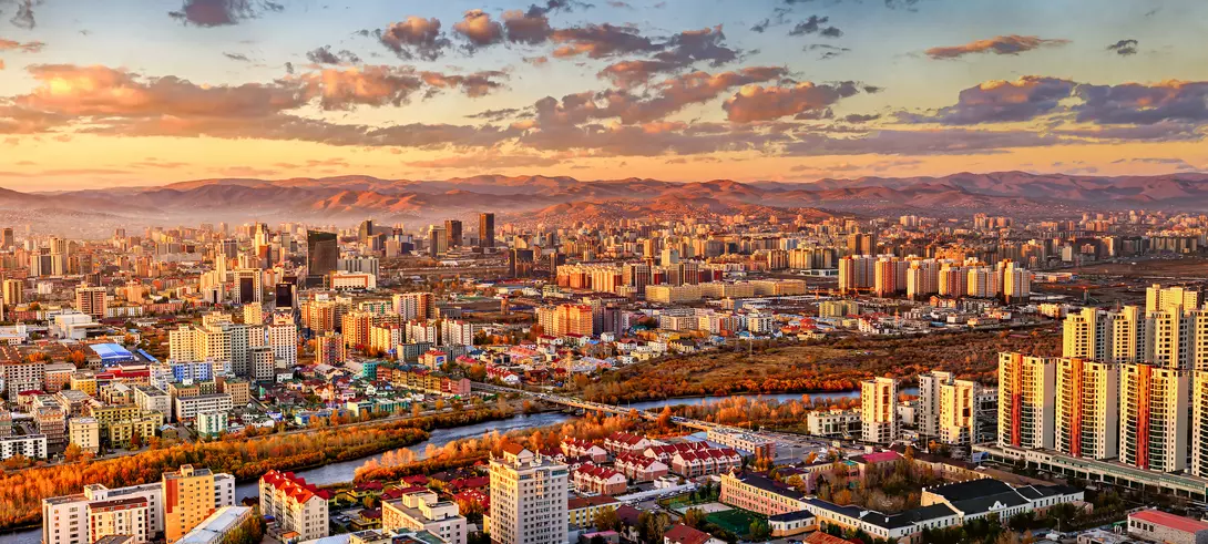 Sunset areial view of Ulaanbaatar, capital of Mongolia, the coldest capital city in the world by average yearly temperature