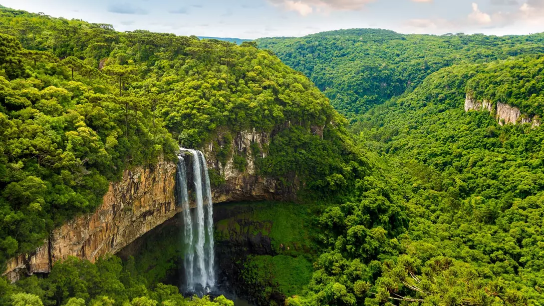 Aerial view of Caracol Falls in Canela, Rio Grande do Sul, Brazil