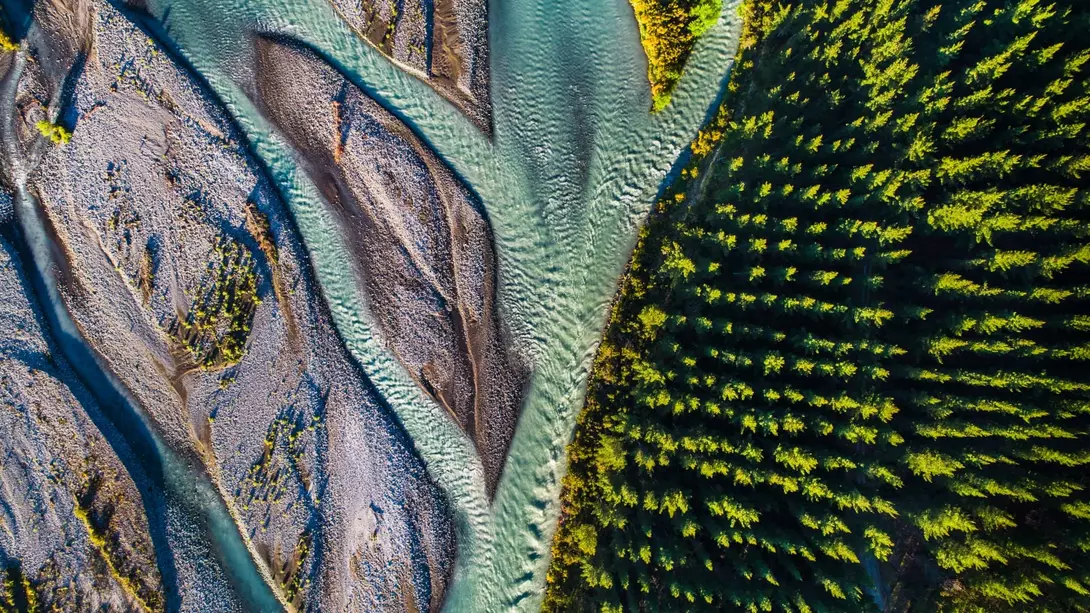 Aerial view where the river meets the forest, Wairau Valley, Wairau River, Marlborough, South Island, New Zealand.
