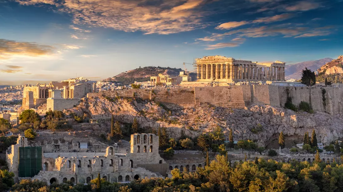 The Acropolis of Athens, Greece, with the Parthenon Temple during sunset