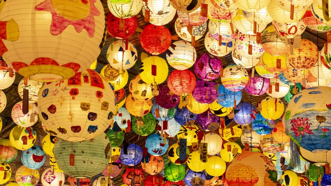 Traditional colorful chinese lanterns cover the ceiling during Taiwan Lantern Festival