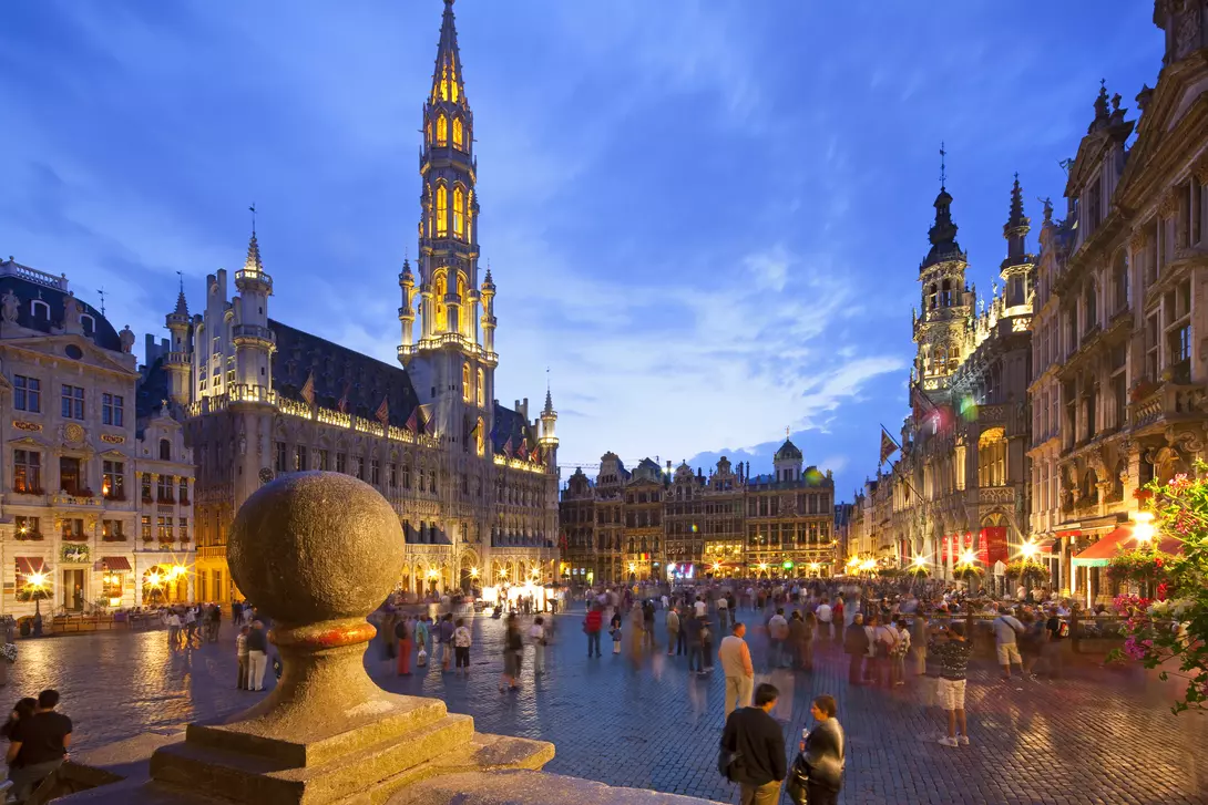 The central town square of Brussels, illuminated at night