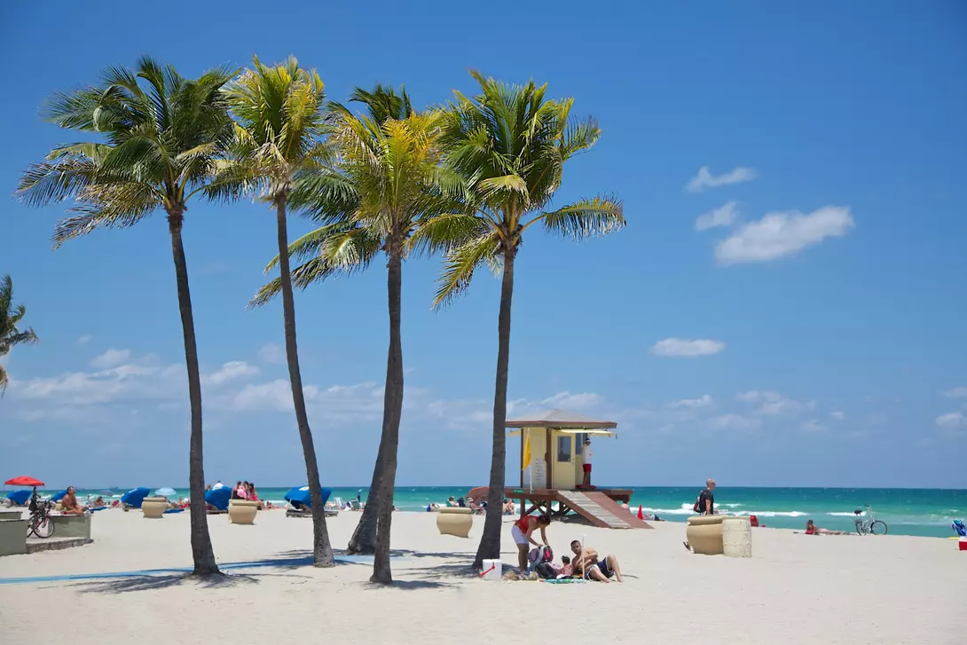 Idyllic beach scene with palm trees, turquoise water and clear, sunny skies.