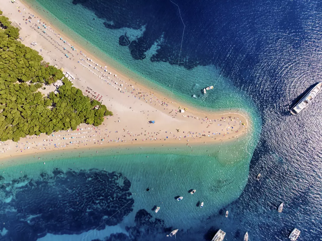 Aerial view of Zlatni Rat Beach in Brac Island, Dalmatian Region