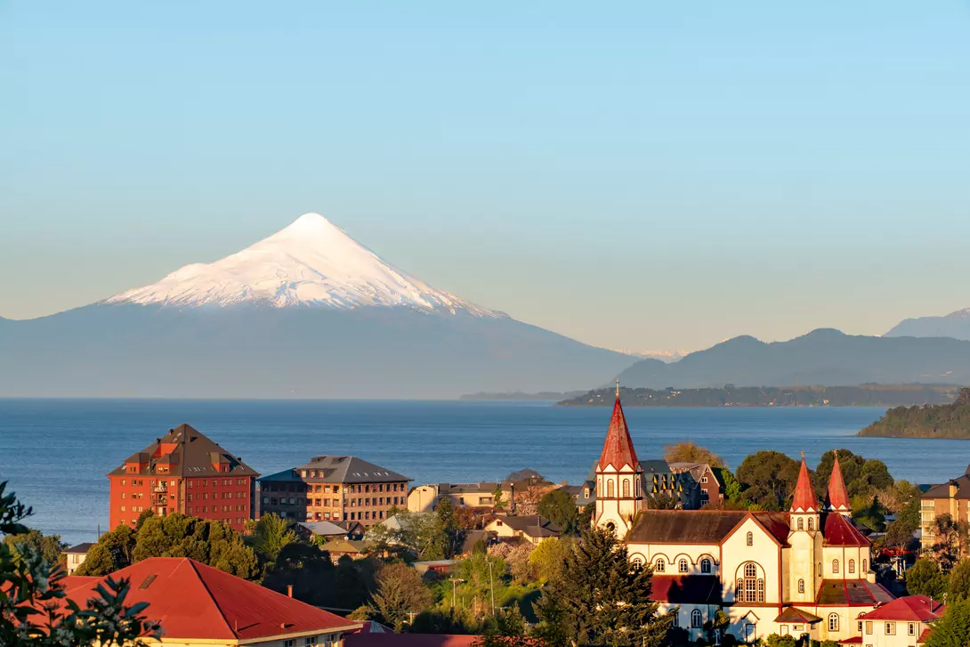 View of Puerto Varas with Osorno Volcano and Llanquihue Lake in the background