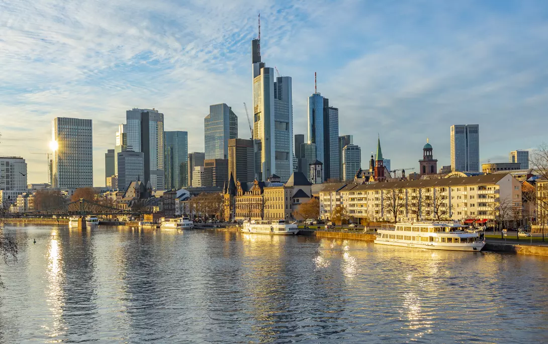 Frankfurt skyline in sunset with river Main