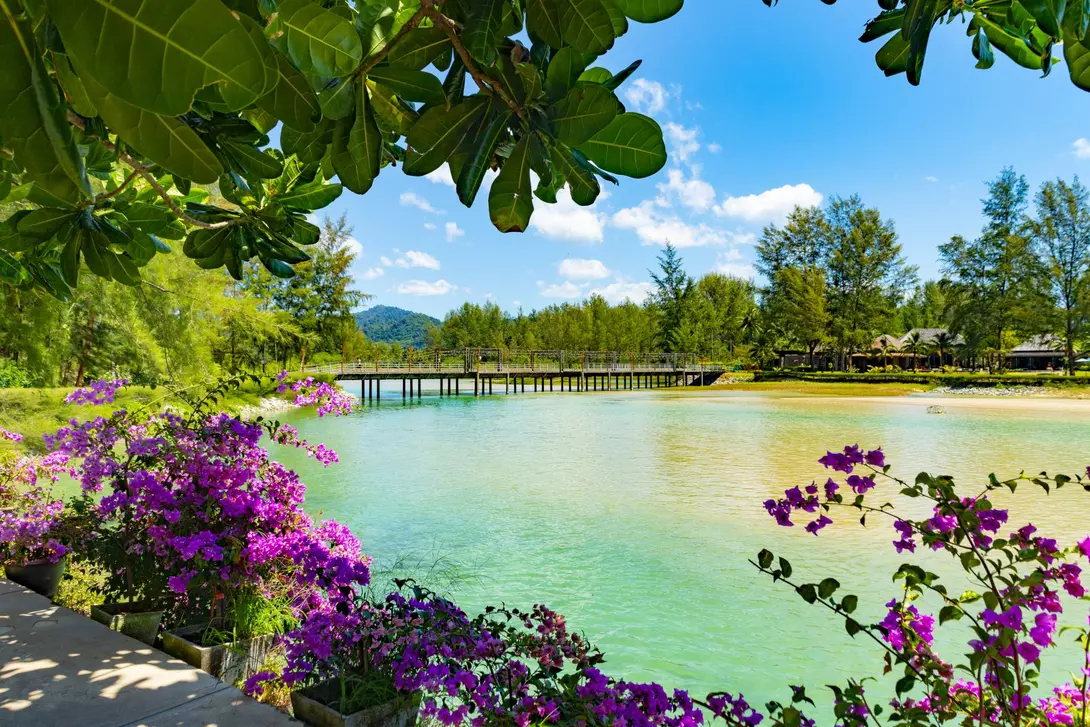 Bridge between two sides of the beach. There are flowers and palm trees in a formal garden in the foreground