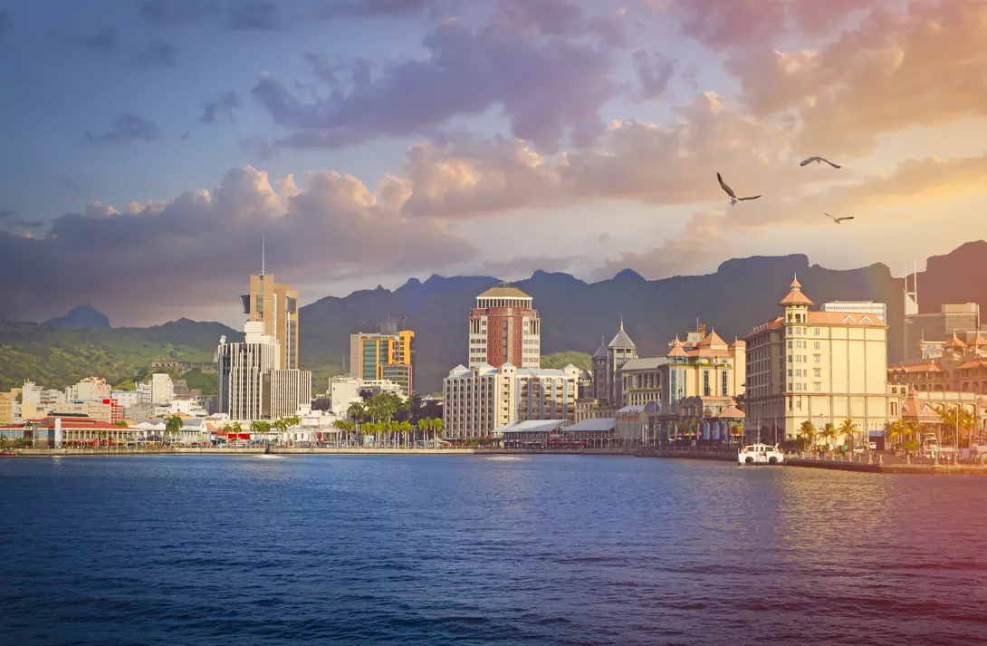 "View from water towards Port Louis town, capital of Mauritius  "