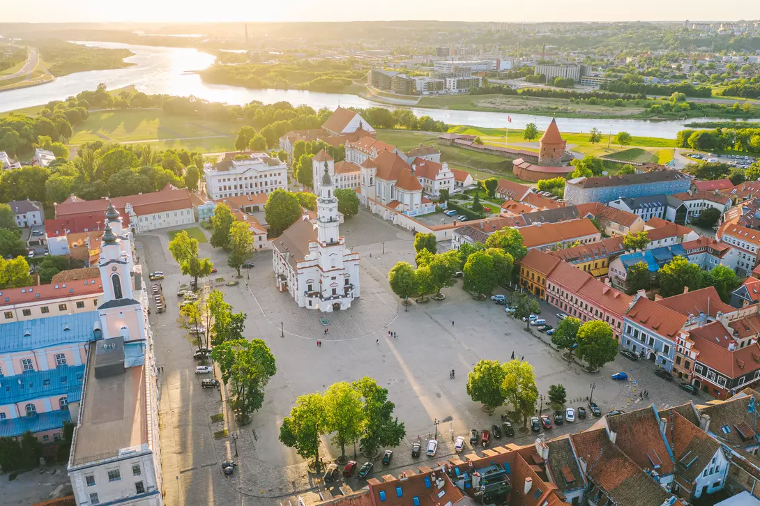 Aerial view of old town in Kaunas.