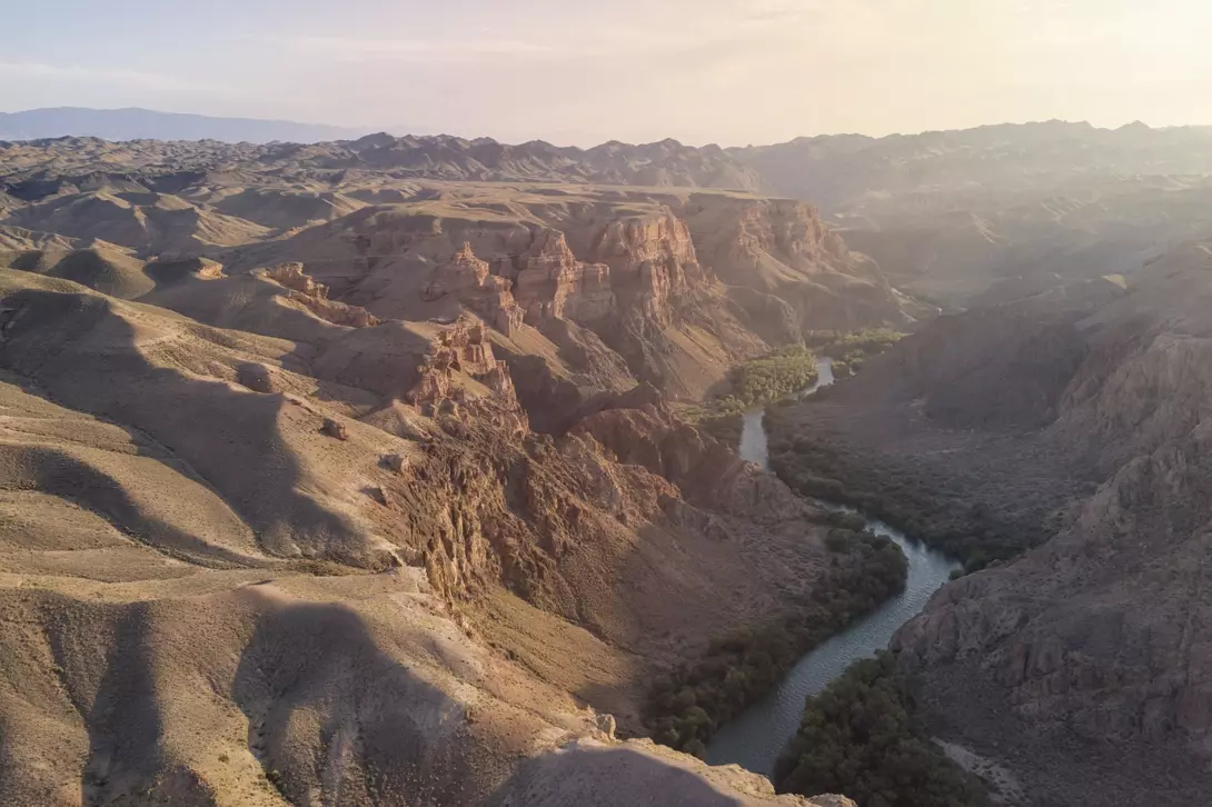 Aerial view of the Charyn Canyon and Charyn River in Kazakhstan, Central Asia, at sunset