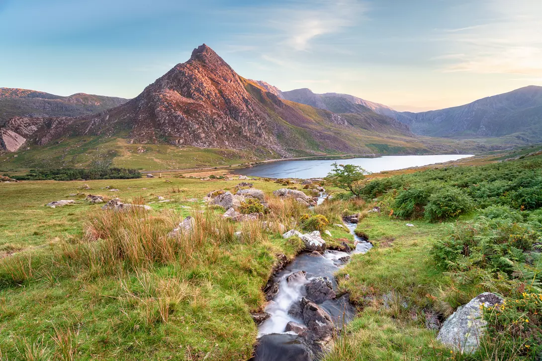 Evening light on Mount Tryfan above Llyn Ogwen in Snowdonia National Park in Wales