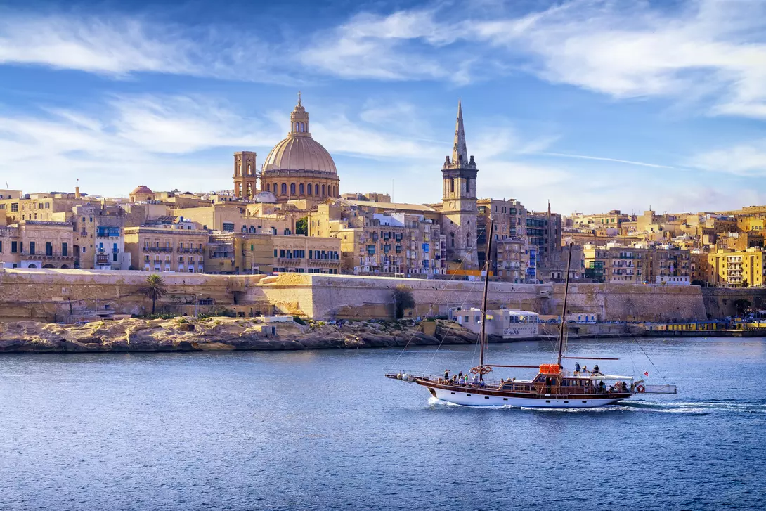 Mediterranean travel destination, Marsamxett Harbour and Valletta with Cathedral of Saint Paul