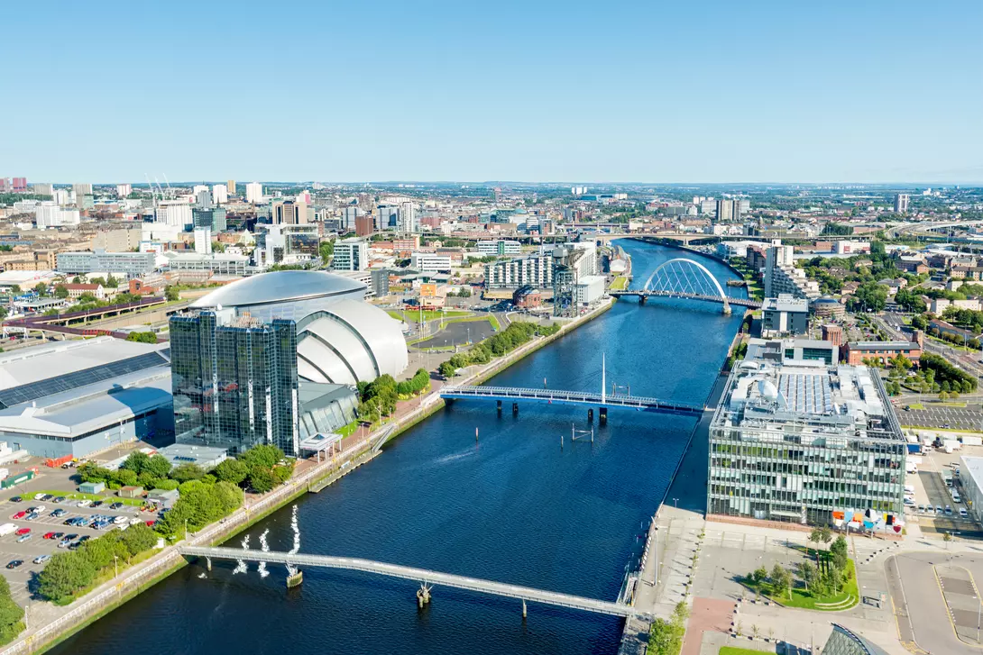 Wide angle view of the Finnieston Crane and SSE Hydro arena, Clyde Arc on the banks of the River Clyde