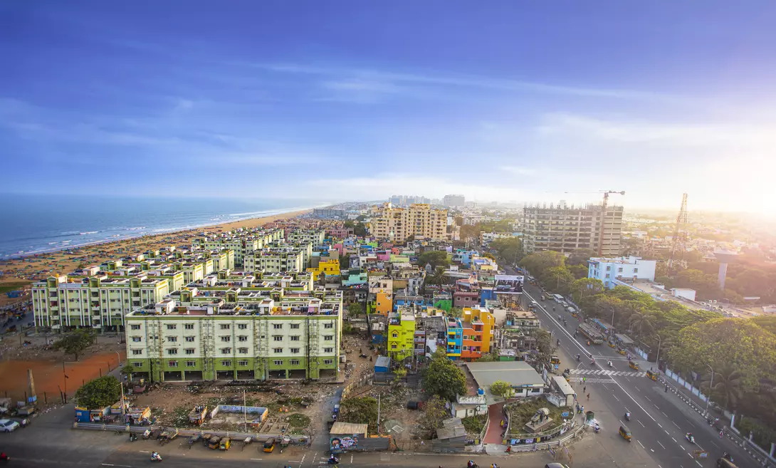 Aerial photo of the coast of Chennai's Marina Beach, the second largest urban beach in the world, running 6 km