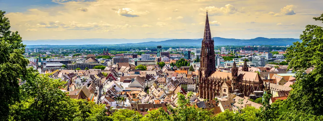Historic buildings at the famous old town of Freiburg