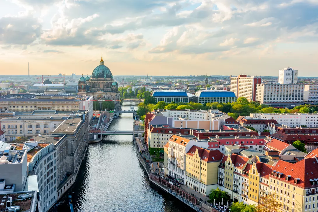 Berlin Cathedral (Berliner Dom) on Museum island and Spree river at sunset
