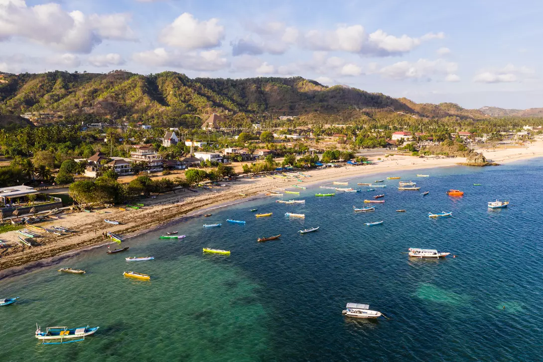 Kuta Beach Aerial view of the Kuta beach and fisherman boats in south Lombok