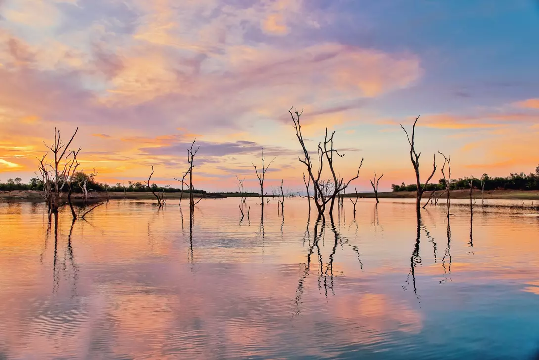 Lake Kariba is a man made lake, 226 km long and 40 km wide, located on the border between Zambia and Zimbabwe.