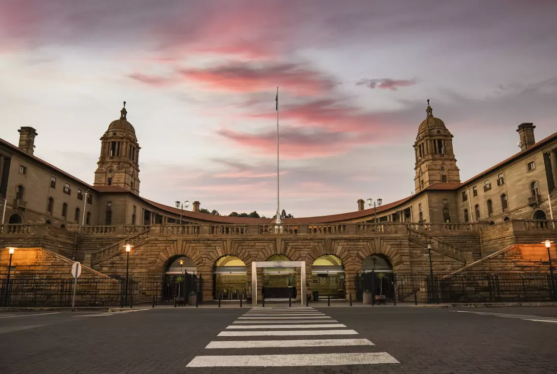 Union Building's front entrance at sunset