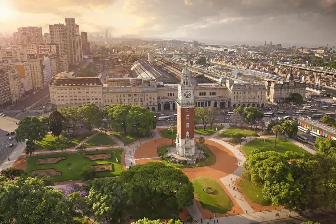 Aerial view of Torre Monumental (English Clock Tower) in Plaza Fuerza Aérea Argentina and the Retiro Railway Statio