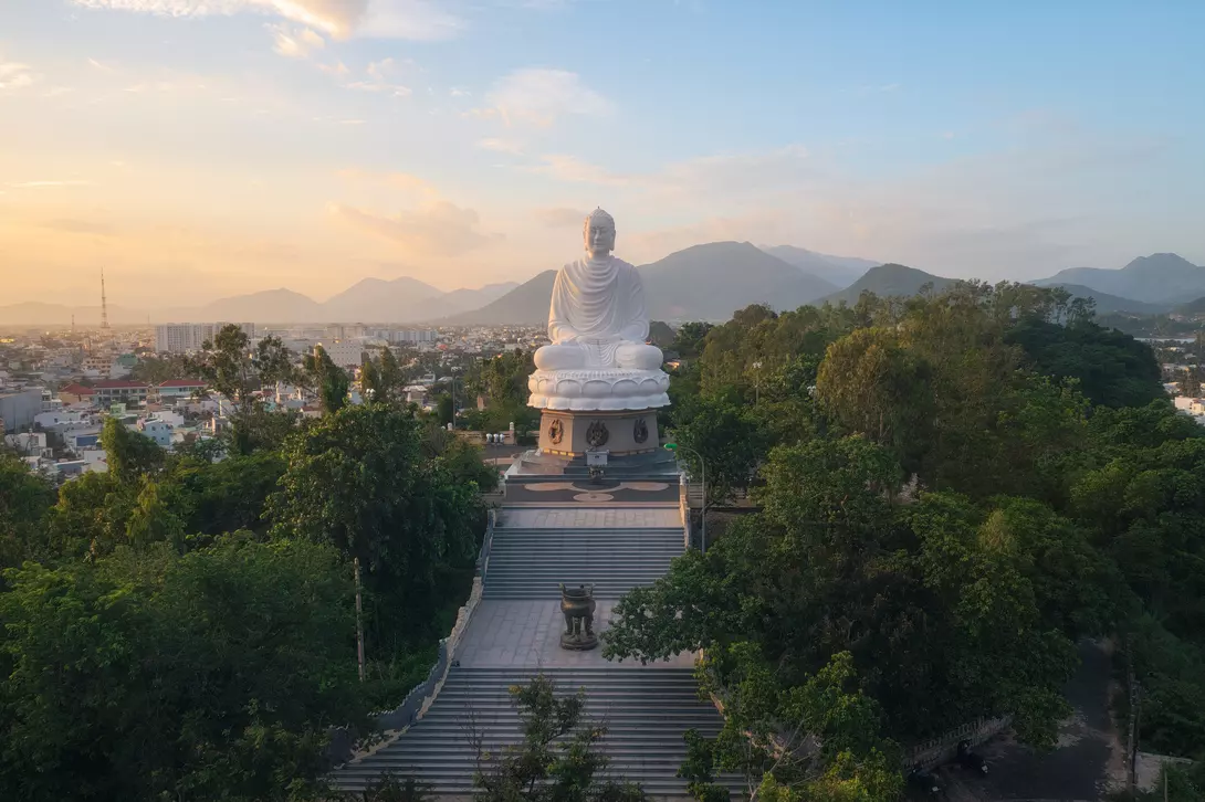 Aerial view of White Buddha statue on Long Son pagoda in Nha Trang city, Khanh Hoa province, central Vietnam