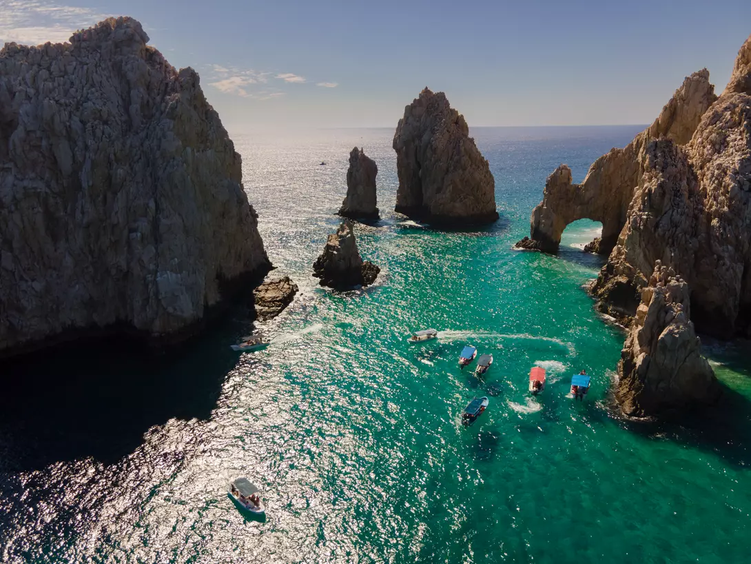 Baja California Sur Cabo San Lucas iconic El Arco rock formation that erupts from the sea at the tip of the Baja Peninsula