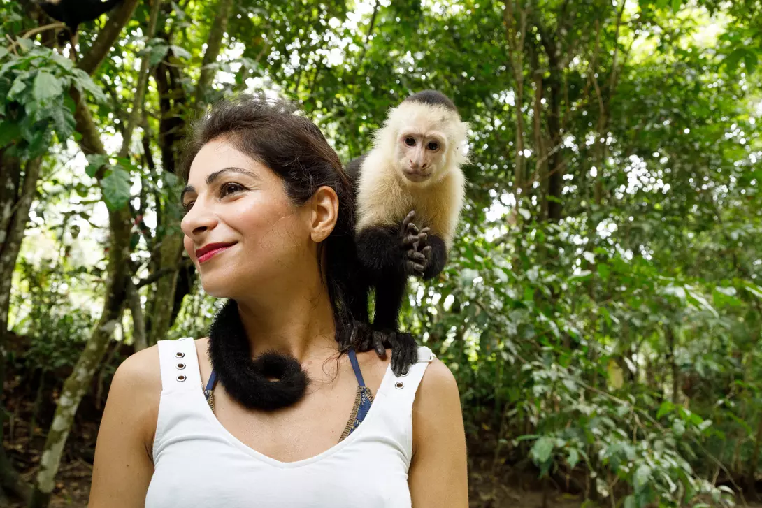 A woman smiles while a capuchin monkey perches on her shoulder in a lush green forest.