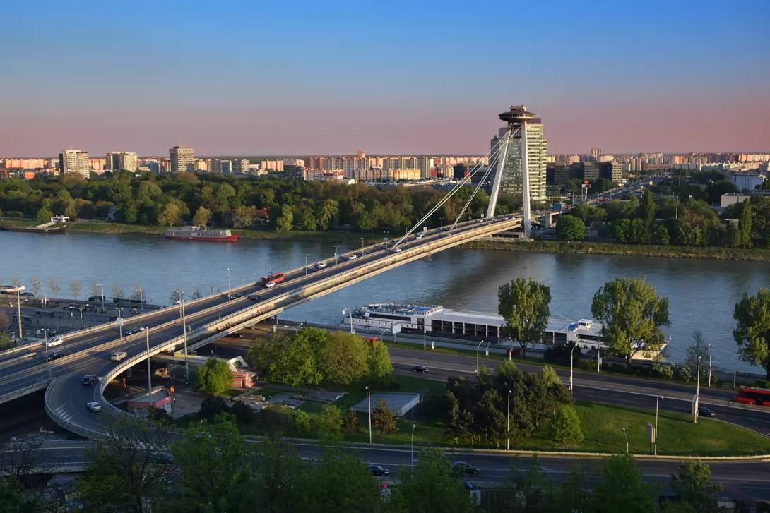 View on New bridge over Danube river from castle hill