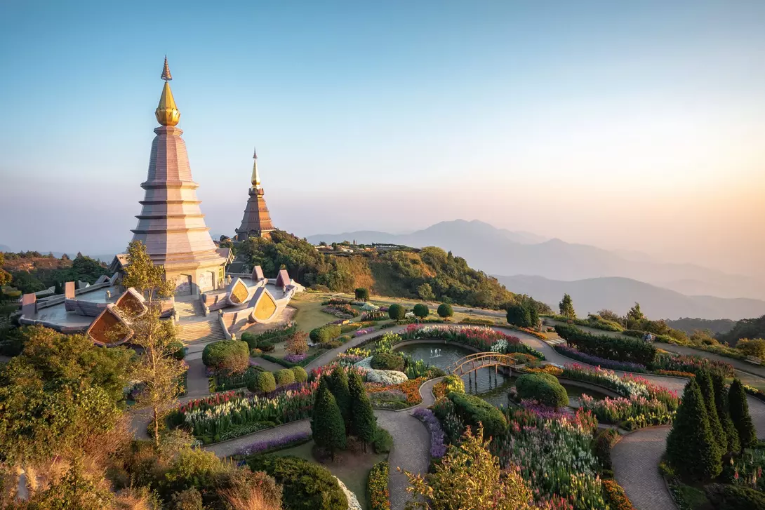 "Doi Inthanon twin pagodas atop Inthanon mountain, the highest in Thailand, near Chiang Mai "
